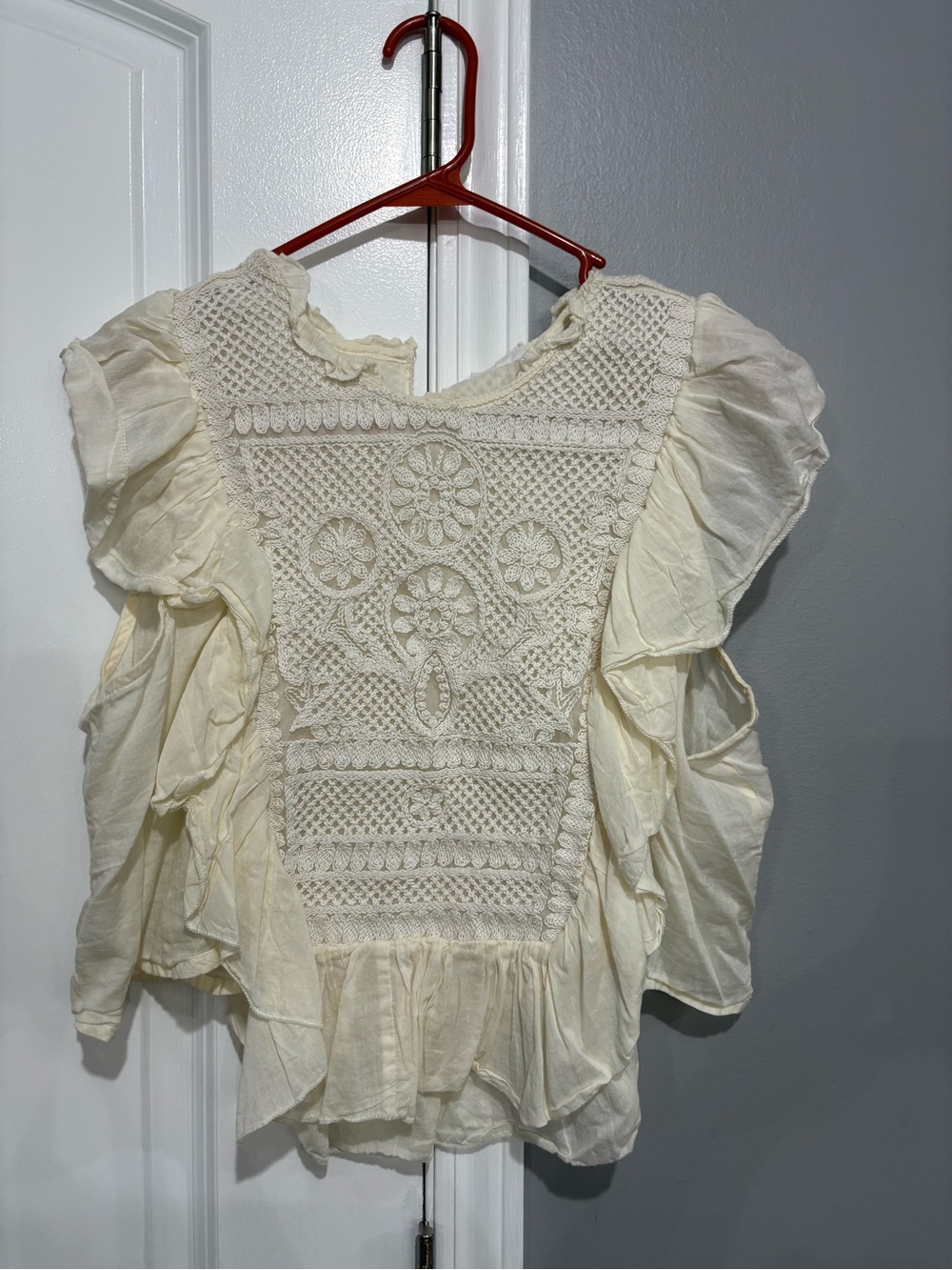 Joie Cream Crochet Ruffle Sleeve Top
